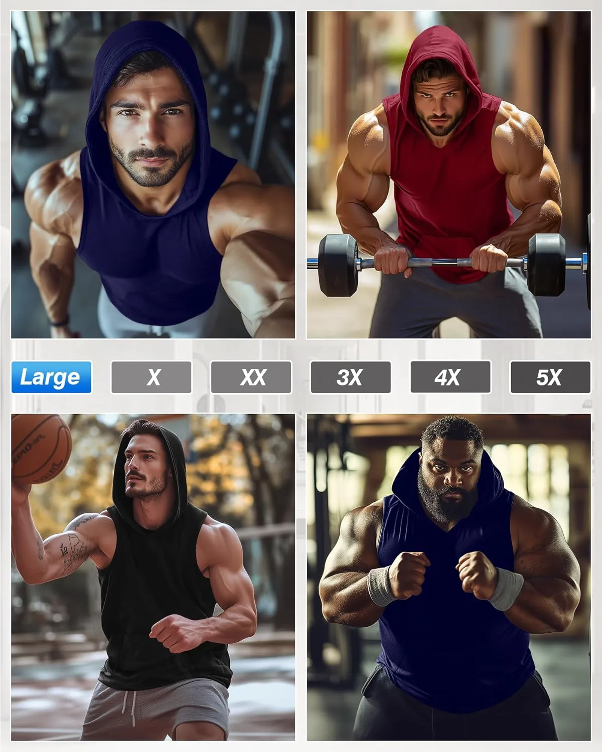 3 Pack Men's Big & Tall Workout Hooded Tank Tops, Cotton Sleeveless Gym Hoodies Bodybuilding Muscle Cut Off Shirts