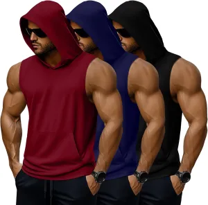 3 Pack Men's Big & Tall Workout Hooded Tank Tops, Cotton Sleeveless Gym Hoodies Bodybuilding Muscle Cut Off Shirts