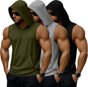 3 Pack Men's Big & Tall Workout Hooded Tank Tops, Cotton Sleeveless Gym Hoodies Bodybuilding Muscle Cut Off Shirts