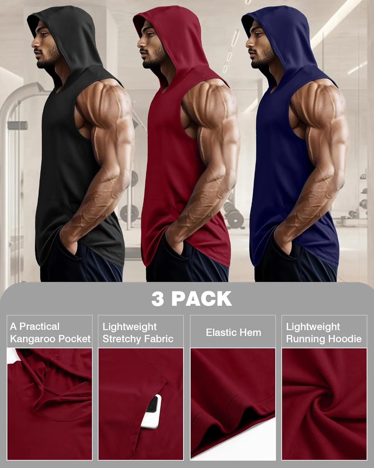 3 Pack Men's Big & Tall Workout Hooded Tank Tops, Cotton Sleeveless Gym Hoodies Bodybuilding Muscle Cut Off Shirts