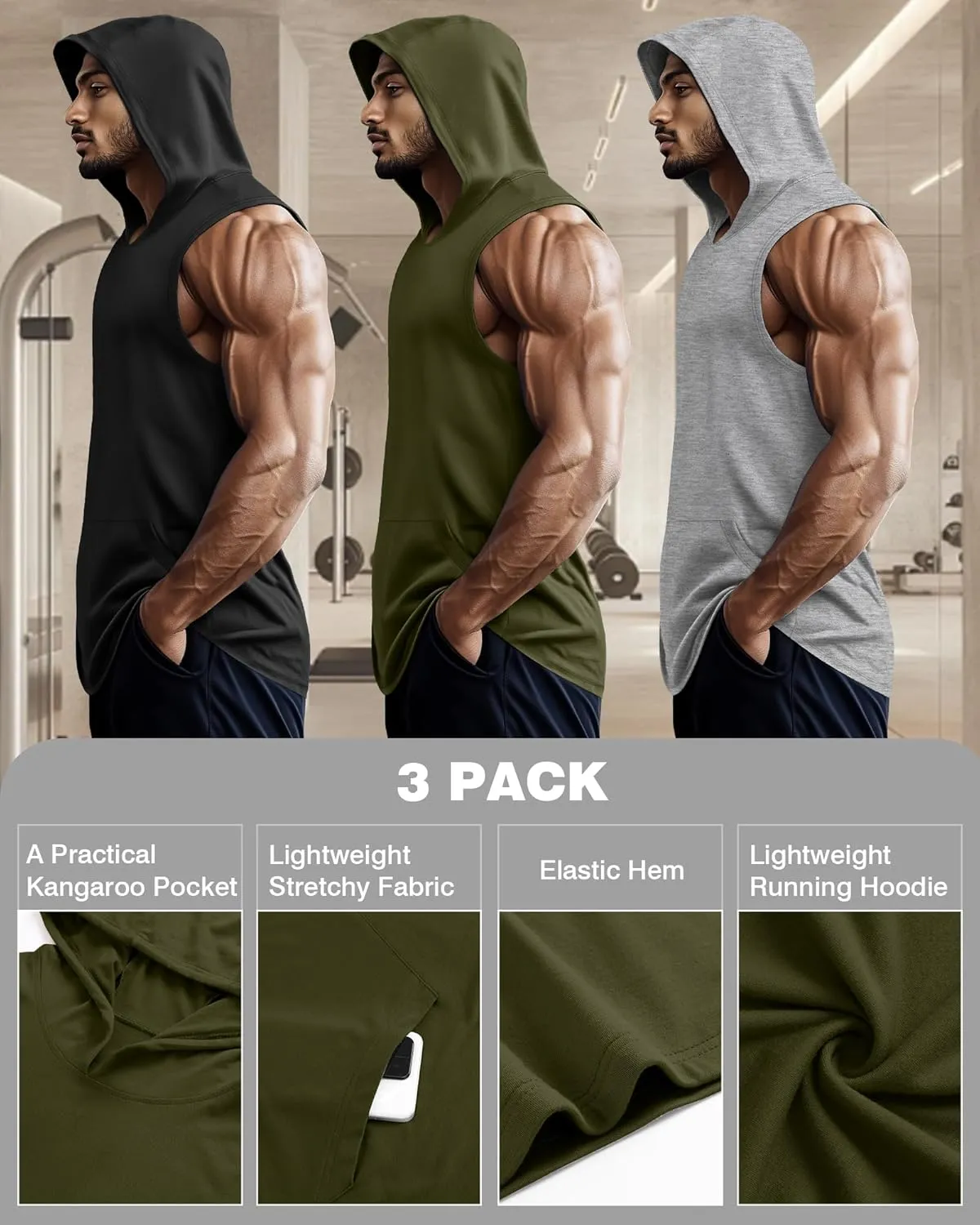 3 Pack Men's Big & Tall Workout Hooded Tank Tops, Cotton Sleeveless Gym Hoodies Bodybuilding Muscle Cut Off Shirts