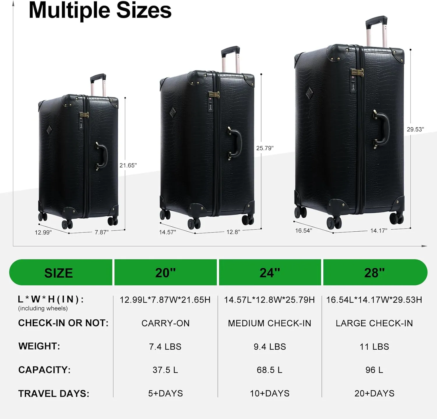 3 Piece Large Capacity Hardside Suitcase Set with TSA Lock,Luxury Vintage Style Maletas De Viaje, for Men And Women Carry On Luggage SetBlack