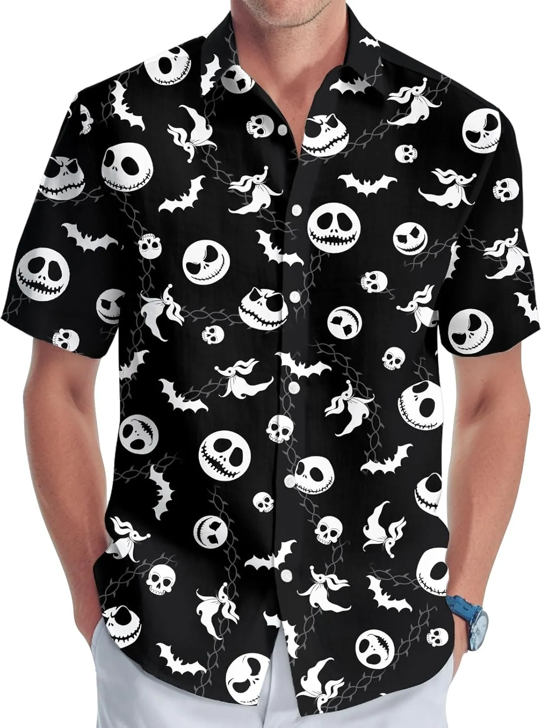 34HD Nightmare Before Movie Hawaiian Shirt, Skeleton Button Down Shirt Short Sleeve Unisex, Halloween Costumes