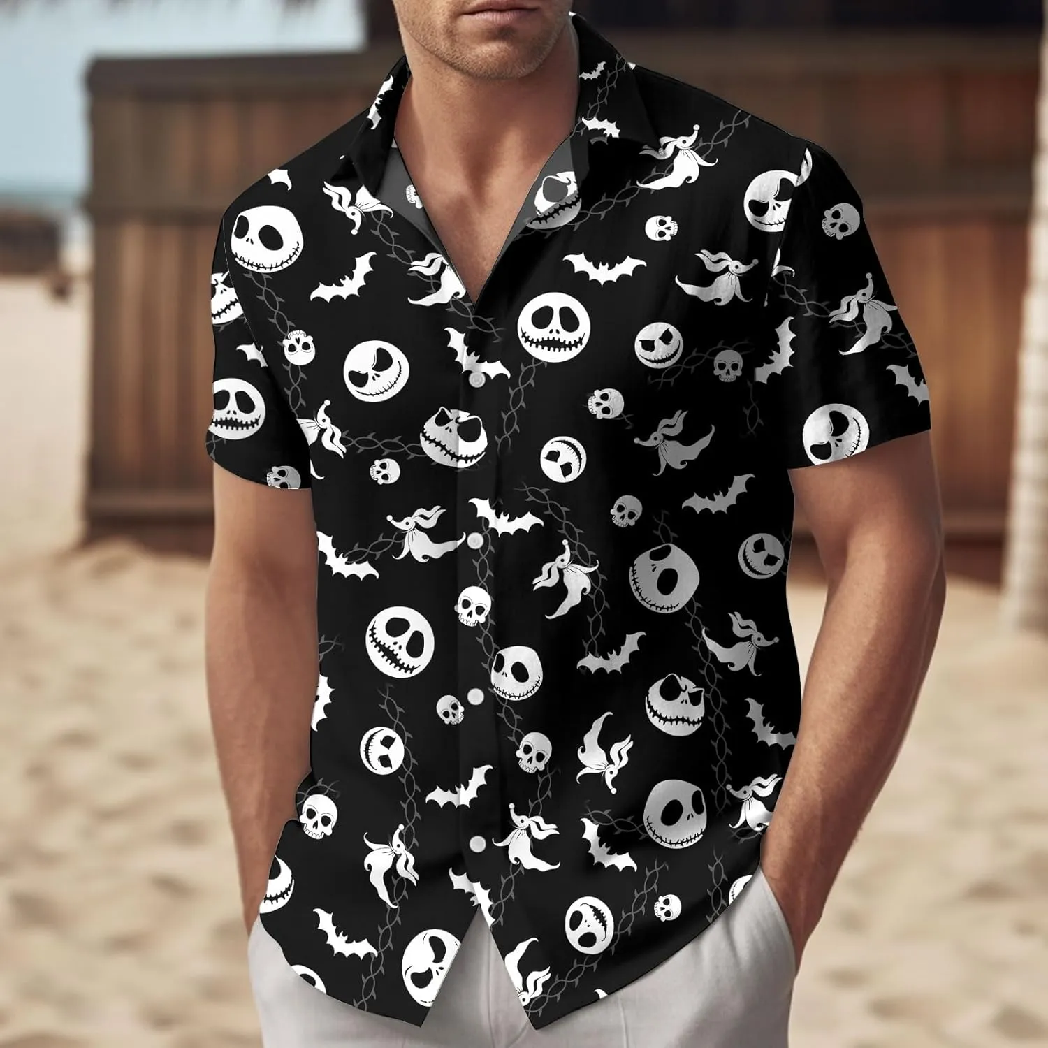 34HD Nightmare Before Movie Hawaiian Shirt, Skeleton Button Down Shirt Short Sleeve Unisex, Halloween Costumes