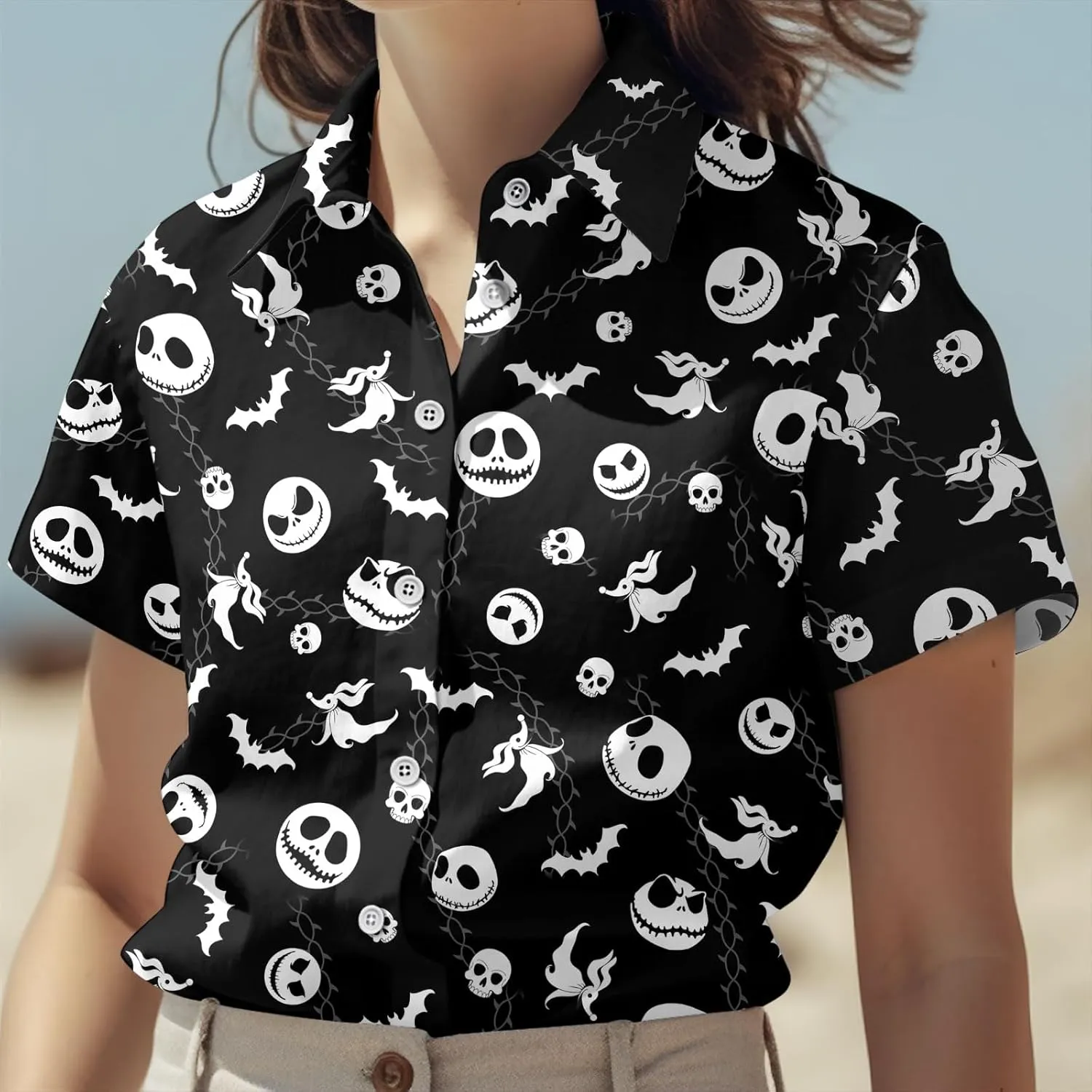 34HD Nightmare Before Movie Hawaiian Shirt, Skeleton Button Down Shirt Short Sleeve Unisex, Halloween Costumes