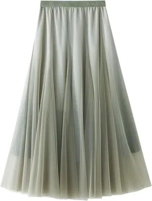 A Line Swing Midi Skirt for Women, Gradient Color Ruffles Pleated Tulle Skirts