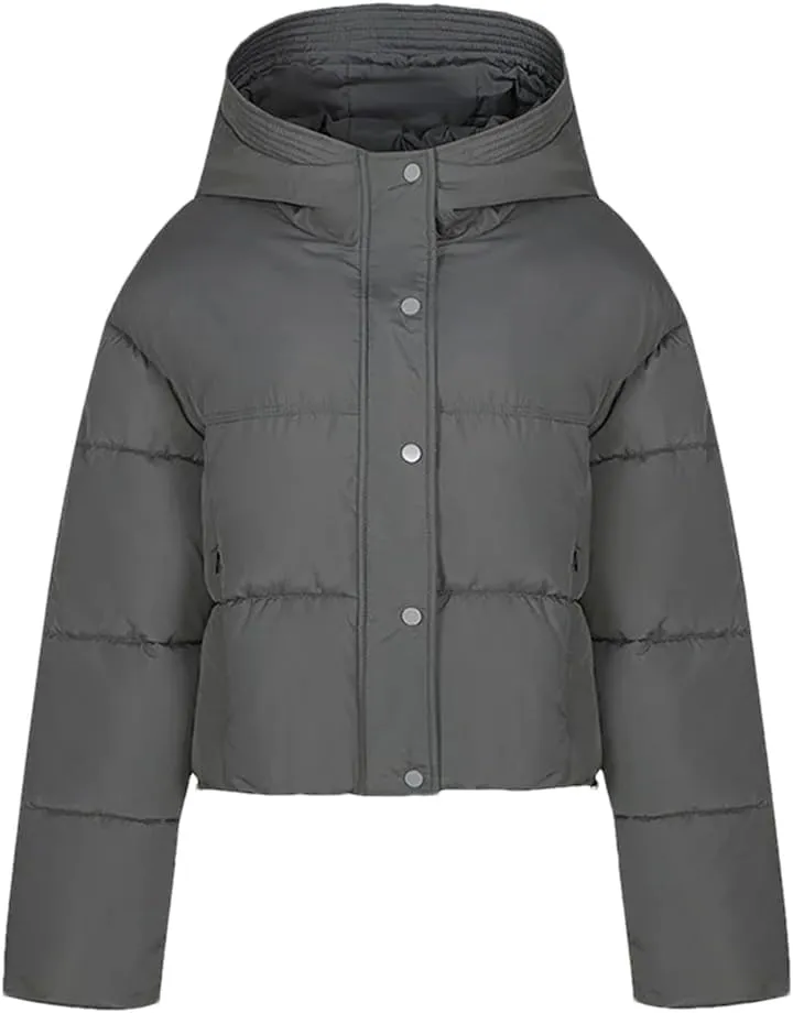 Adhdyuud Women Hooded Short Cotton Padded Coat Winter Warm Solid Casual Zipper Outwear