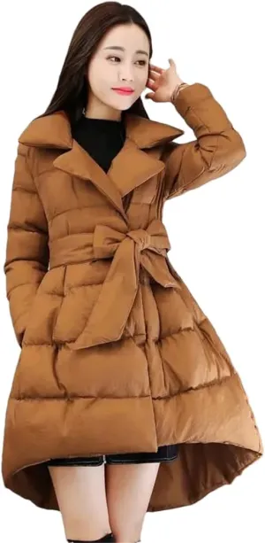 Adhdyuud Women Solid A-Line Cotton Padded Long Coat Bow Tie Office Warm Outwear Winter
