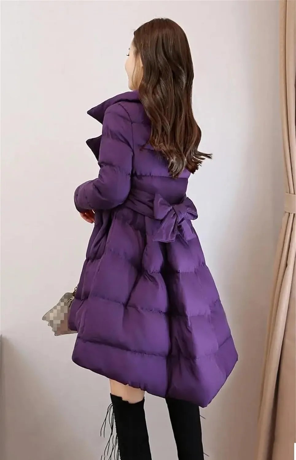 Adhdyuud Women Solid A-Line Cotton Padded Long Coat Bow Tie Office Warm Outwear Winter