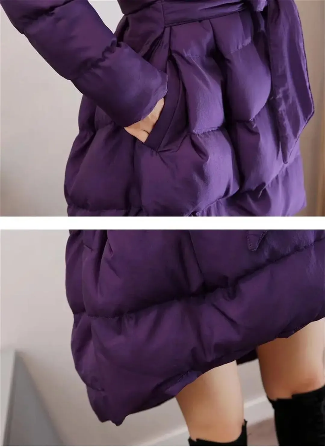 Adhdyuud Women Solid A-Line Cotton Padded Long Coat Bow Tie Office Warm Outwear Winter