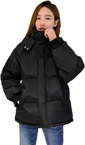 Adhdyuud Women Winter With Pocket Cotton Padded Coat Casual Hooded Student Bread Clothing Jacket