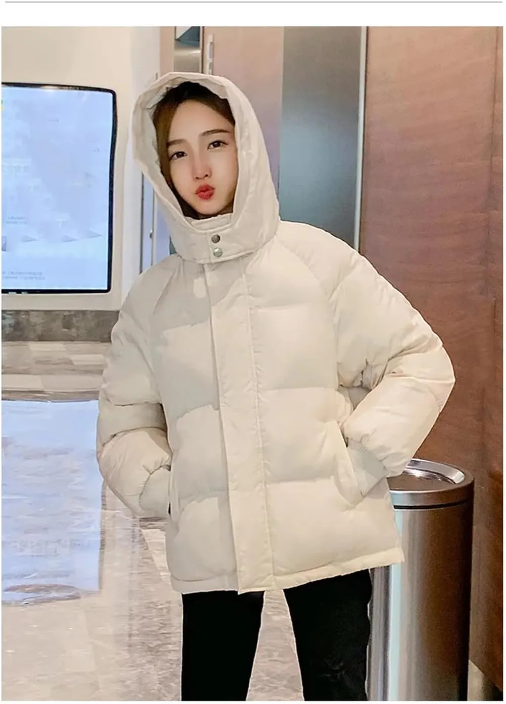 Adhdyuud Women Winter With Pocket Cotton Padded Coat Casual Hooded Student Bread Clothing Jacket