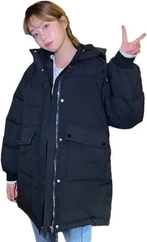 Adhdyuud Womens Solid Cotton Coat Casual Hooded Jacket Long Warm Cotton-Padded Jacket Zipper Outwear