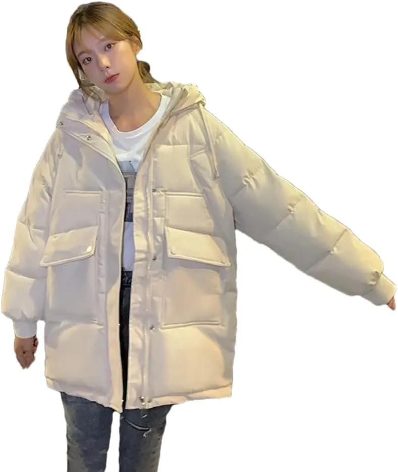 Adhdyuud Womens Solid Cotton Coat Casual Hooded Jacket Long Warm Cotton-Padded Jacket Zipper Outwear
