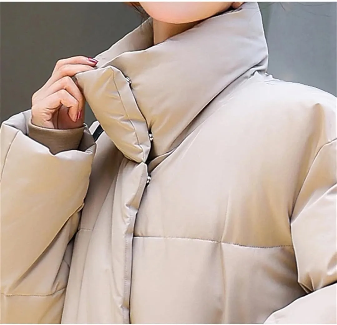 Adhdyuud Womens Solid Stand Collar Long Winter Outwear With Pocket Casual Warm Cotton Padded Coat
