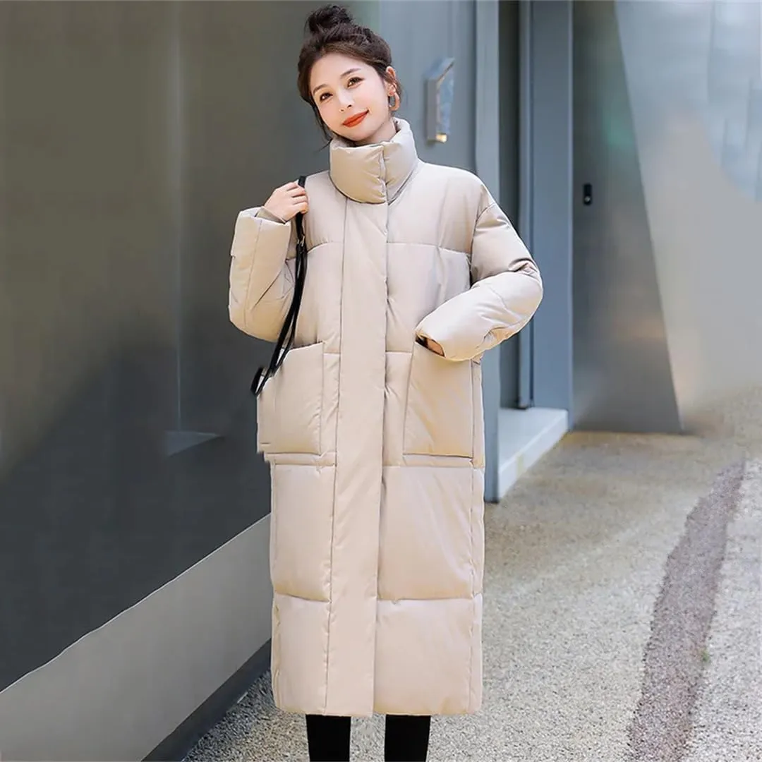 Adhdyuud Womens Solid Stand Collar Long Winter Outwear With Pocket Casual Warm Cotton Padded Coat