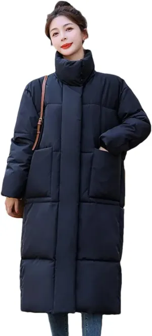 Adhdyuud Womens Solid Stand Collar Long Winter Outwear With Pocket Casual Warm Cotton Padded Coat