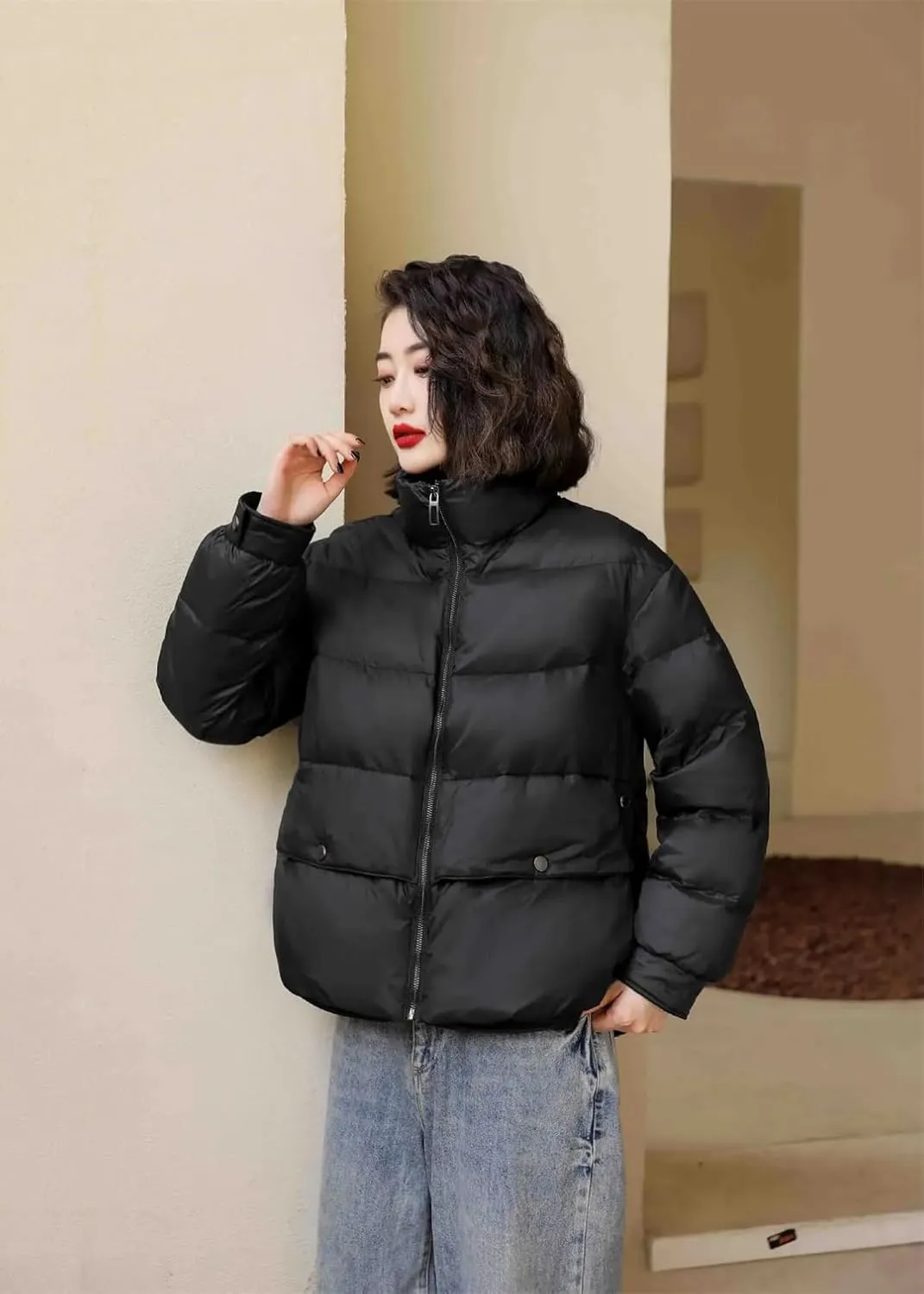 Adhdyuud Womens Solid With Pocket Cotton Padded Coat Zippers Casual Autumn Winter Warm Outwear