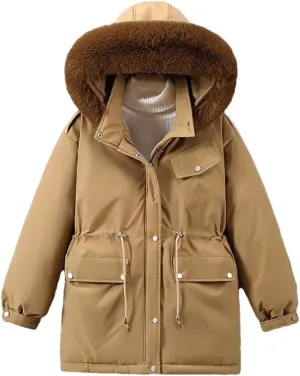 Adhdyuud Womens With Pocket Cotton Jacket Coat Thicken Warm Hooded Cotton Padded Outwear Winter