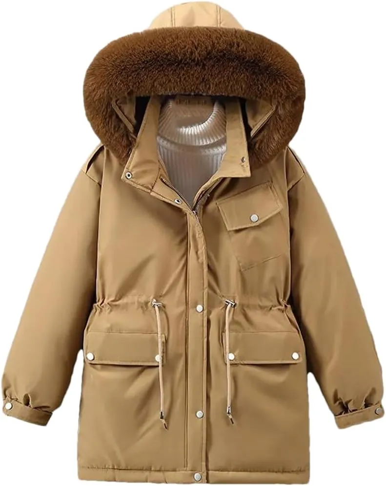 Adhdyuud Womens With Pocket Cotton Jacket Coat Thicken Warm Hooded Cotton Padded Outwear Winter