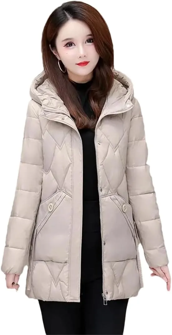Adhdyuud Womens With Pocket Solid Cotton-Padded Coat Mom Hooded Mid-Length Warm Overcoat