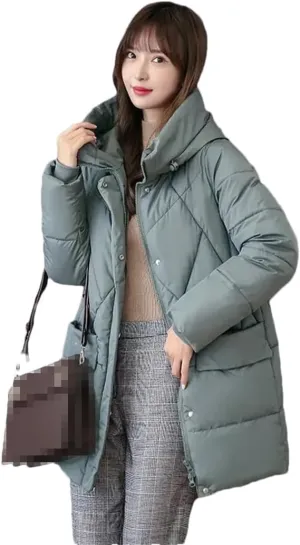 Adhdyuud Womens With Pocket Solid Hooded Cotton Padded Coat Vintage Zippers Winter Warm Outwear