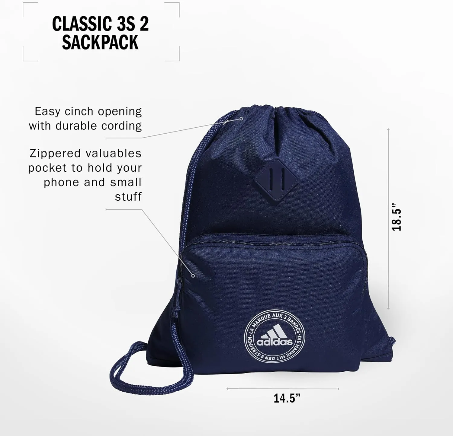 adidas Classic 3S 2.0 Sackpack, Dark Blue, One Size