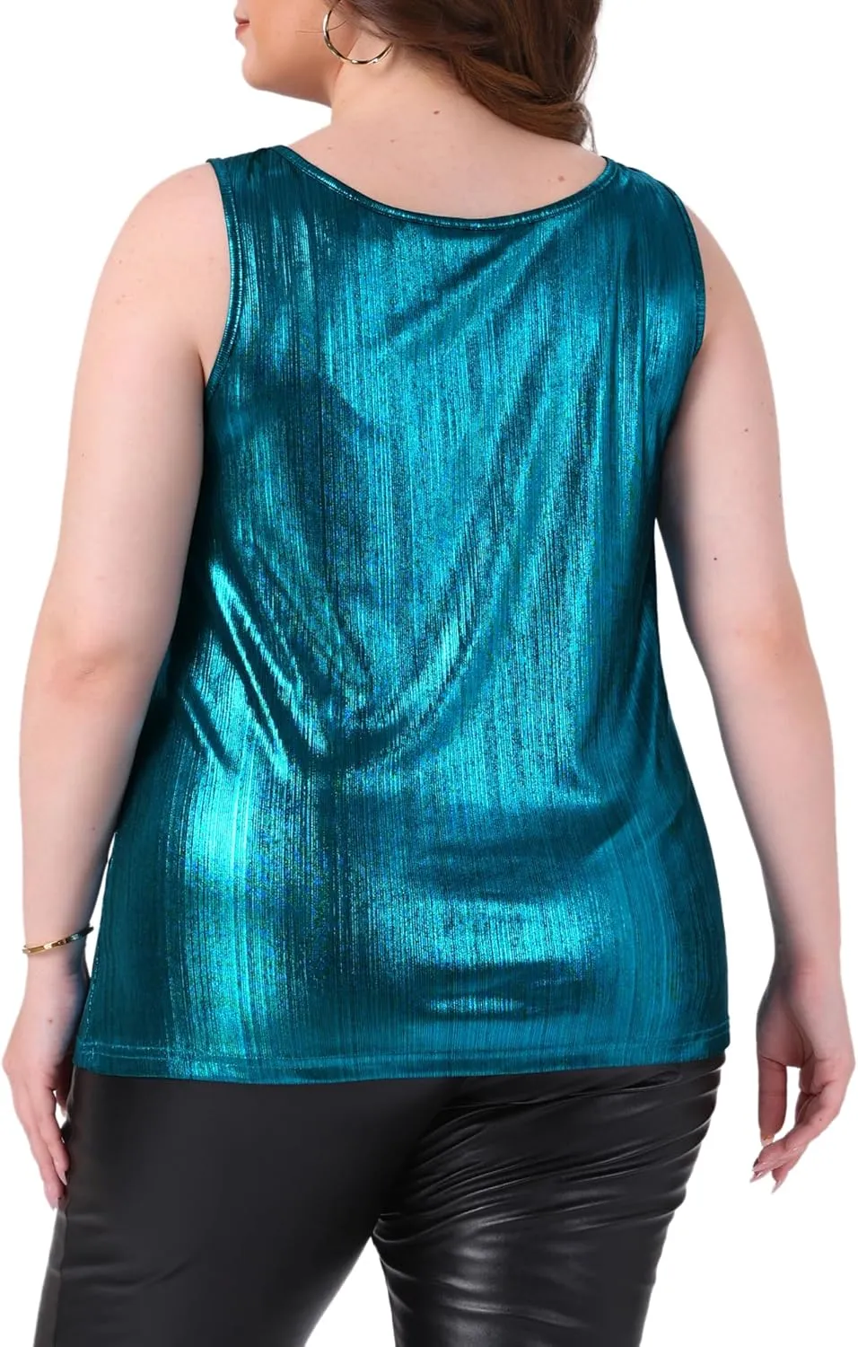 Agnes Orinda Plus Size Tops for Women Scoop Neck Sleeveless Party Clubwear Holographic Shiny Metallic Tank Top