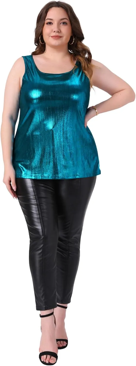 Agnes Orinda Plus Size Tops for Women Scoop Neck Sleeveless Party Clubwear Holographic Shiny Metallic Tank Top