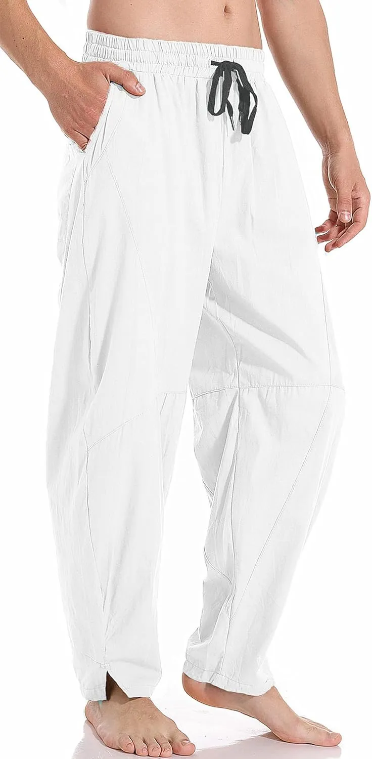 AITFINEISM Mens Cotton Linen Pants Elastic Drawstring Waist Lightweight Summer Beach Pants