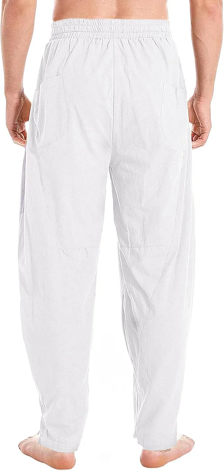 AITFINEISM Mens Cotton Linen Pants Elastic Drawstring Waist Lightweight Summer Beach Pants