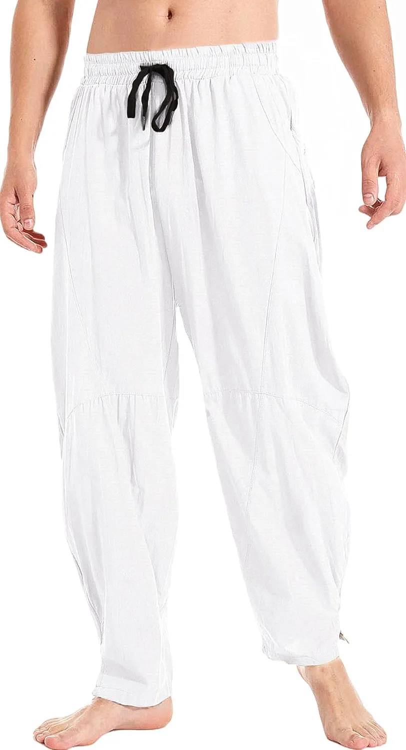 AITFINEISM Mens Cotton Linen Pants Elastic Drawstring Waist Lightweight Summer Beach Pants