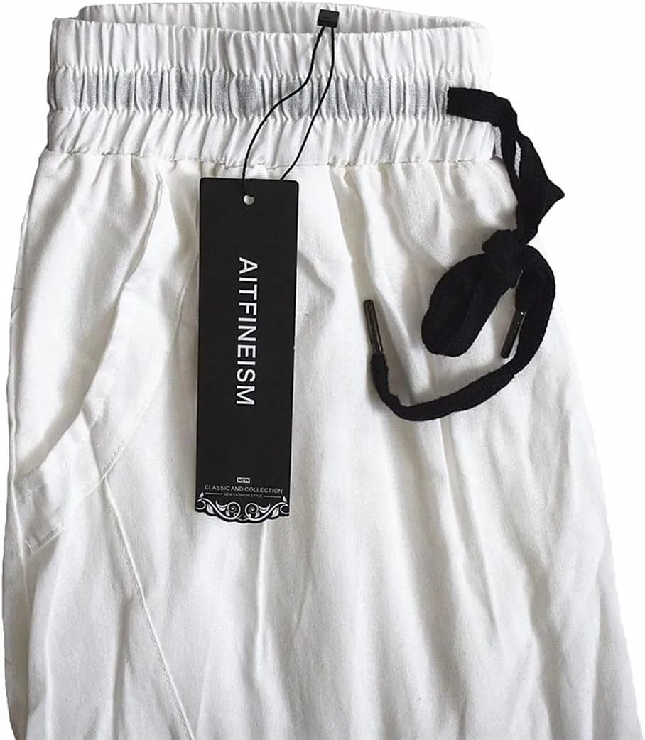 AITFINEISM Mens Cotton Linen Pants Elastic Drawstring Waist Lightweight Summer Beach Pants