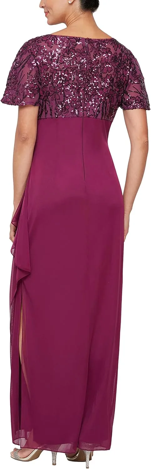 Alex Evenings Women's Flutter Sleeve Long Mother of The Bride Dress with Ruched Empire Waist (Petite and Regular Sizes)
