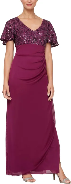 Alex Evenings Women's Flutter Sleeve Long Mother of The Bride Dress with Ruched Empire Waist (Petite and Regular Sizes)