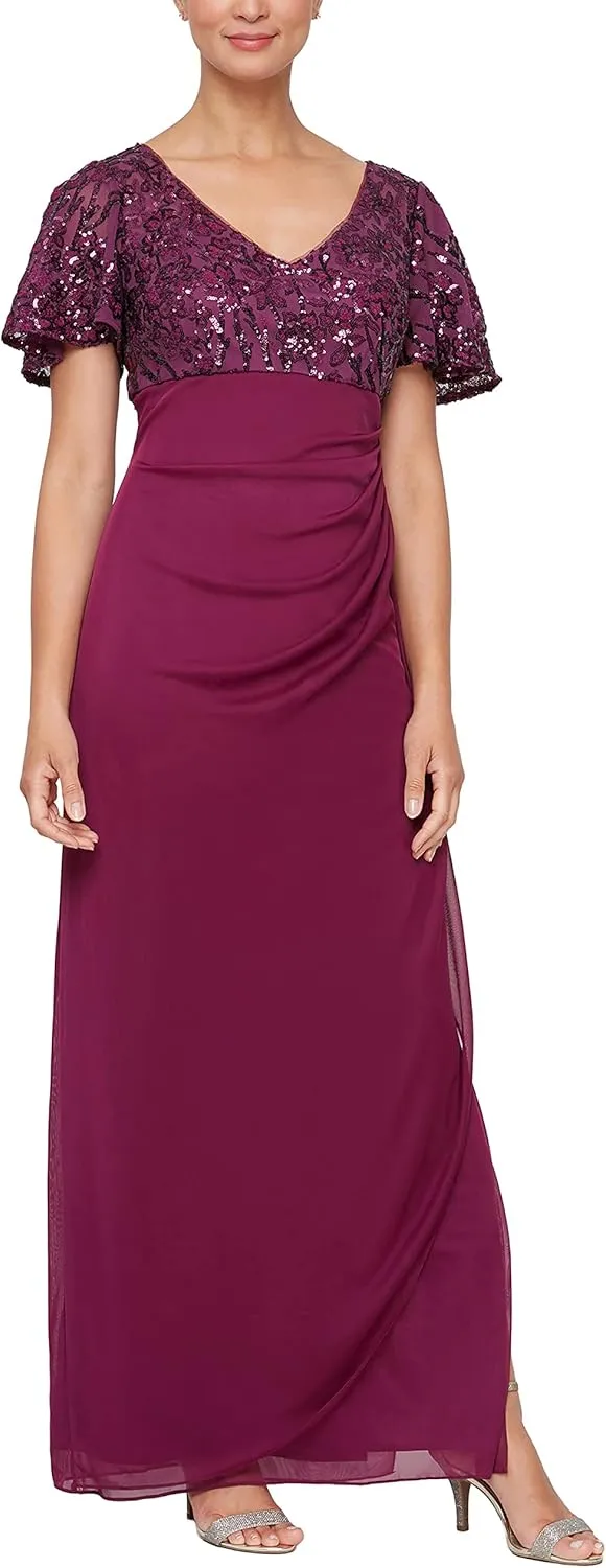 Alex Evenings Women's Flutter Sleeve Long Mother of The Bride Dress with Ruched Empire Waist (Petite and Regular Sizes)