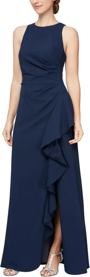 Alex Evenings Women's Long Cascade Ruffle Sleeveless Leg Slit, Mother of The Bride Dress, Elegant Party Gown