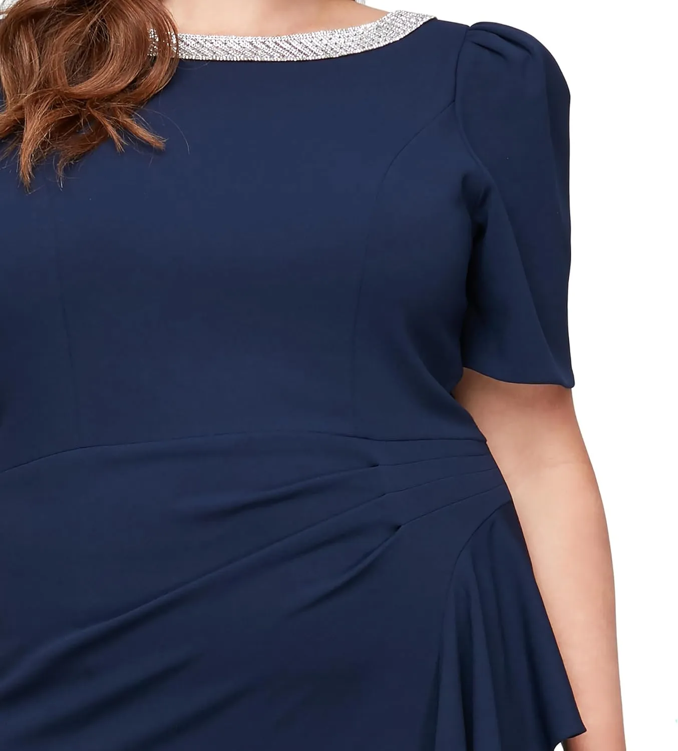 Alex Evenings Women's Long Embellished Neck Elbow Puff Sleeve, Mother of The Bride, Formal Dress (Plus Size)