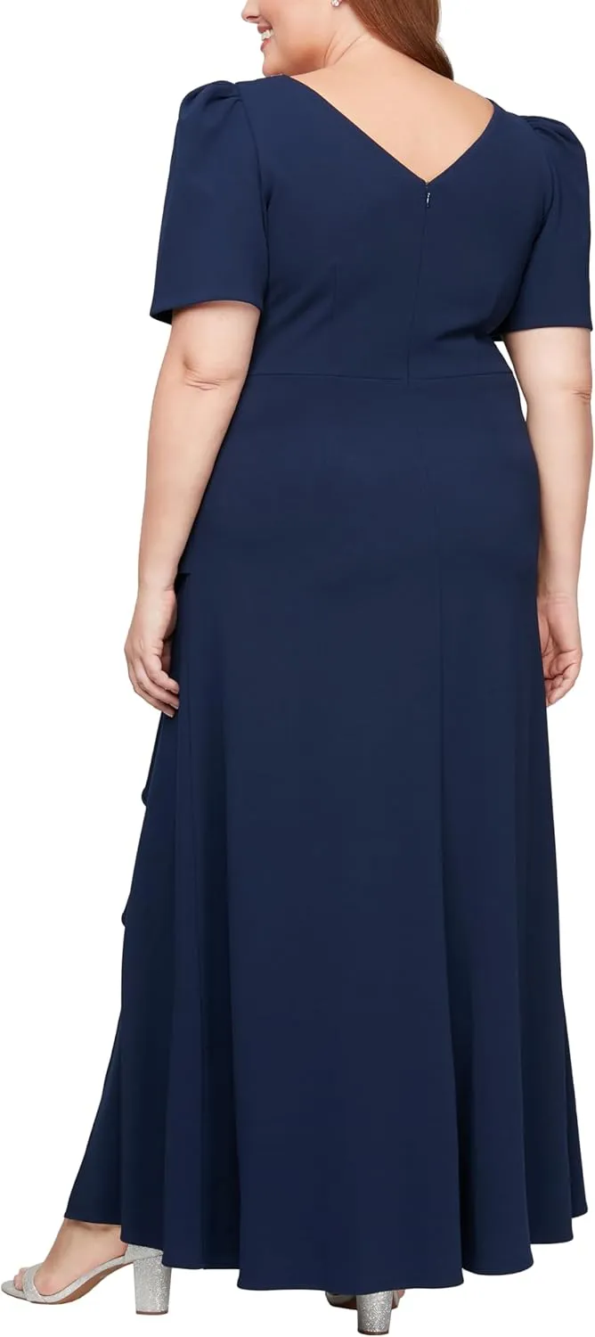 Alex Evenings Women's Long Embellished Neck Elbow Puff Sleeve, Mother of The Bride, Formal Dress (Plus Size)