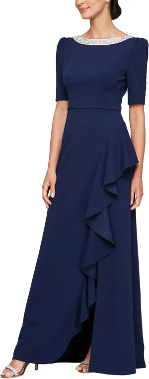 Alex Evenings Women's Long Embellished Neck Mother of The Bride Dress with Elbow Puff Sleeve (Petite and Regular Sizes)