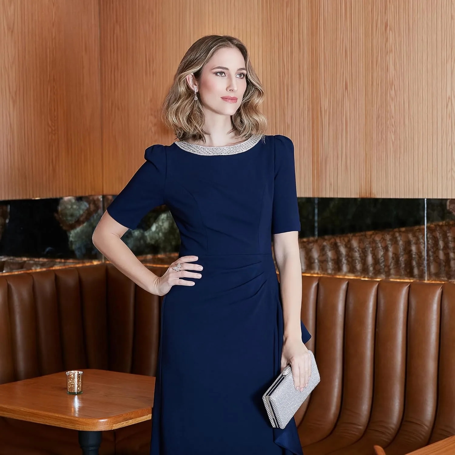 Alex Evenings Women's Long Embellished Neck Mother of The Bride Dress with Elbow Puff Sleeve (Petite and Regular Sizes)