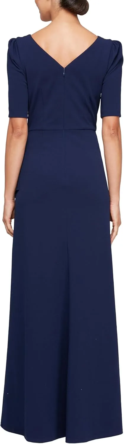 Alex Evenings Women's Long Embellished Neck Mother of The Bride Dress with Elbow Puff Sleeve (Petite and Regular Sizes)