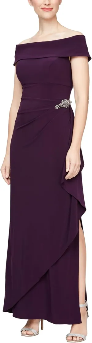 Alex Evenings Women's Long Foldover Off The Shoulder Gown, Formal Event, Mother of The Bride Dress