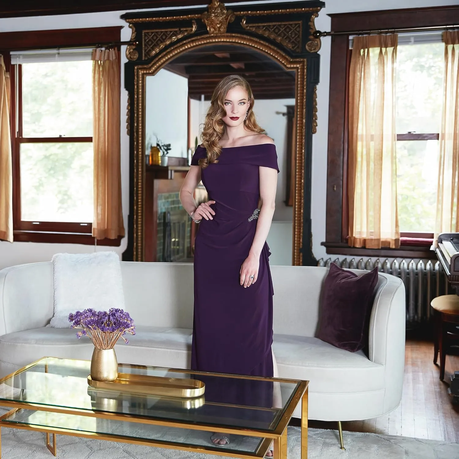 Alex Evenings Women's Long Foldover Off The Shoulder Gown, Formal Event, Mother of The Bride Dress
