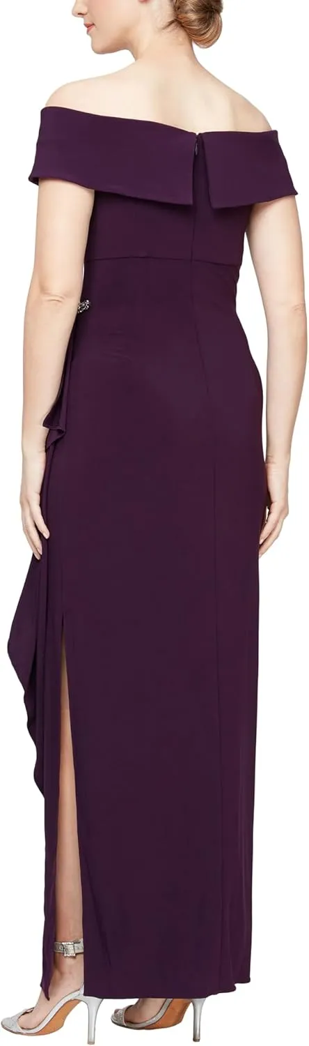 Alex Evenings Women's Long Foldover Off The Shoulder Gown, Formal Event, Mother of The Bride Dress