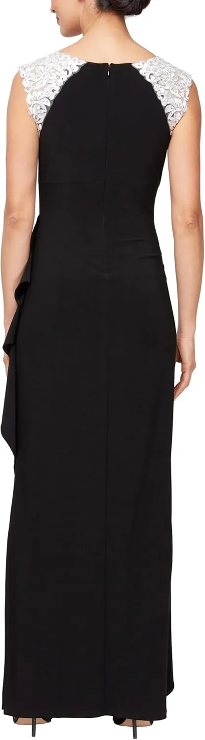 Alex Evenings Women's Long Jersey Dress with Ruched Front and Embellished Neckline (Petite and Regular Sizes)