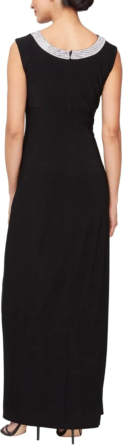 Alex Evenings Women's Long Jersey Dress with Ruched Front and Embellished Neckline (Petite and Regular Sizes)