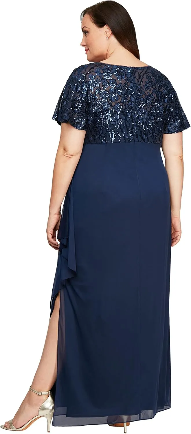 Alex Evenings Women's Long Stretch Sequin Bodice Mother of The Bride Dress with Empire Waist (Plus Size)