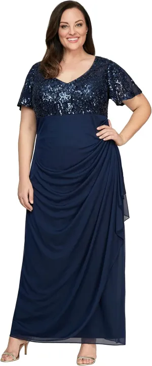 Alex Evenings Women's Long Stretch Sequin Bodice Mother of The Bride Dress with Empire Waist (Plus Size)