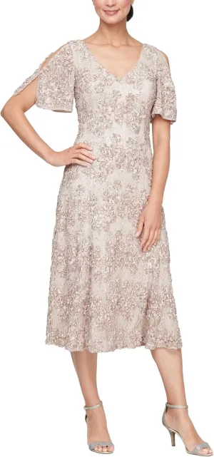 Alex Evenings Women's Midi Stretch Lace & Sequin Formal Dress, Wedding Guest, Mother of The Bride (Petite and Regular Sizes)